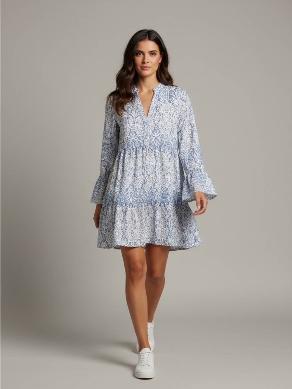 Blue Paisley Tiered V-Neck Mini Dress